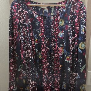 Caffe Marrakesh Navy Boho Floral Flutter Long Sleeved Blouse Sz 2X Preloved